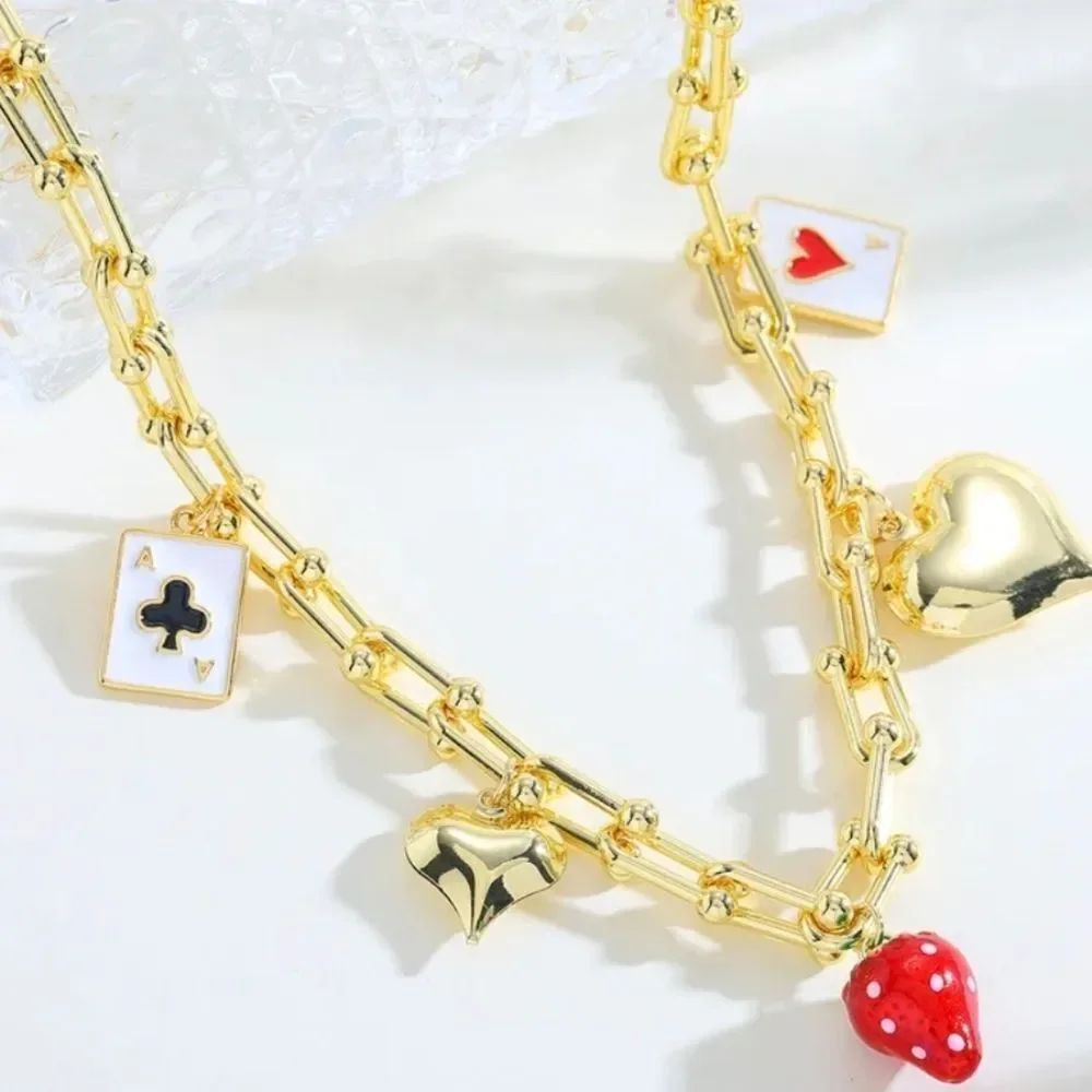 18K Gold Plated Link Strawberry Heart Playing Cards Charm Necklace